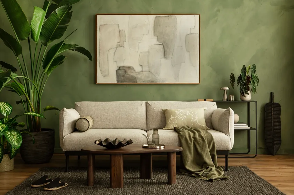 ห้องนั่งเล่นผนังสีเขียว